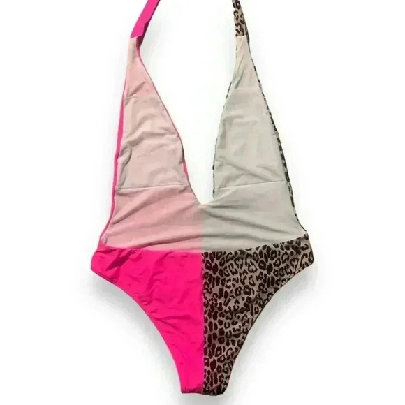 Shein One Piece Swimsuit Contrasting Pink and Leopard Plunging Front Self Tie - Picture 7 of 8